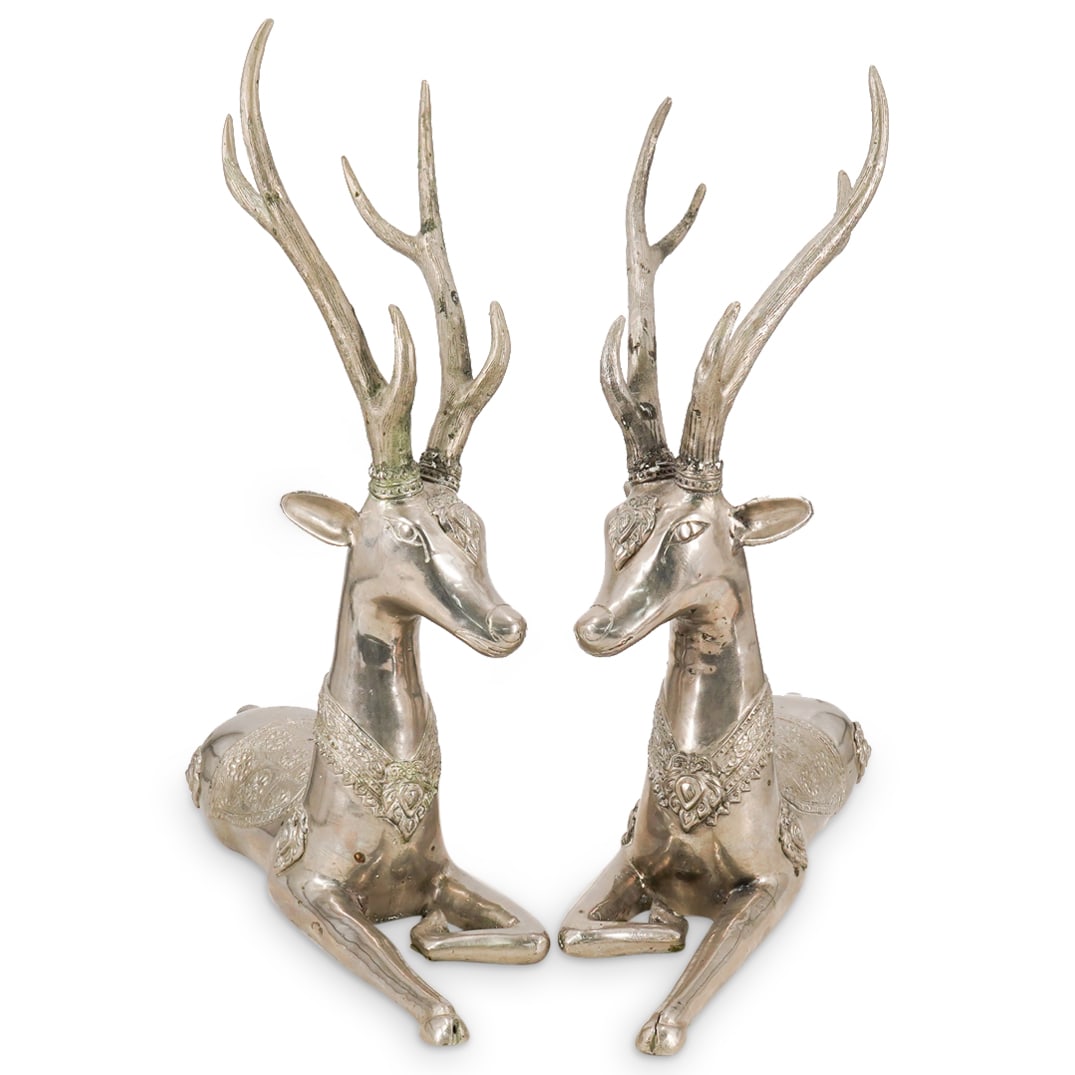 Pair Of Indian Heavy Mixed Metal Recumbent Deer Bucks (1 of 13)