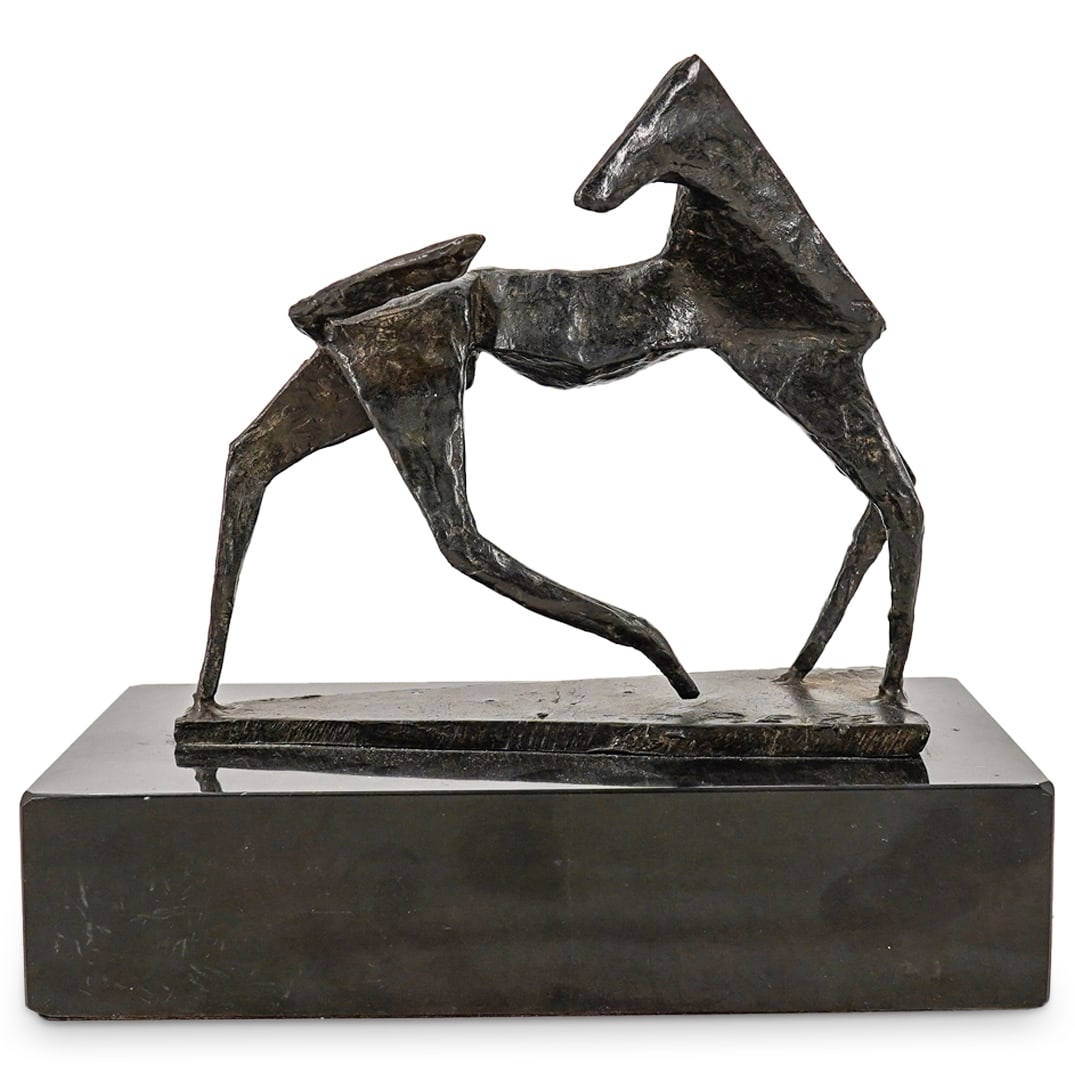Signed Cubist Bronze Sculpture: DESCRIPTION: Signed Cubist bronze sculpture depicting a figurative animal figure on a black rectangular pedestal. Signed P.E. 28 CIRCA: 20th Century ORIGIN: DIMENSIONS: H: 8 1/2" W: 9" D: 4 1/2" CONDI