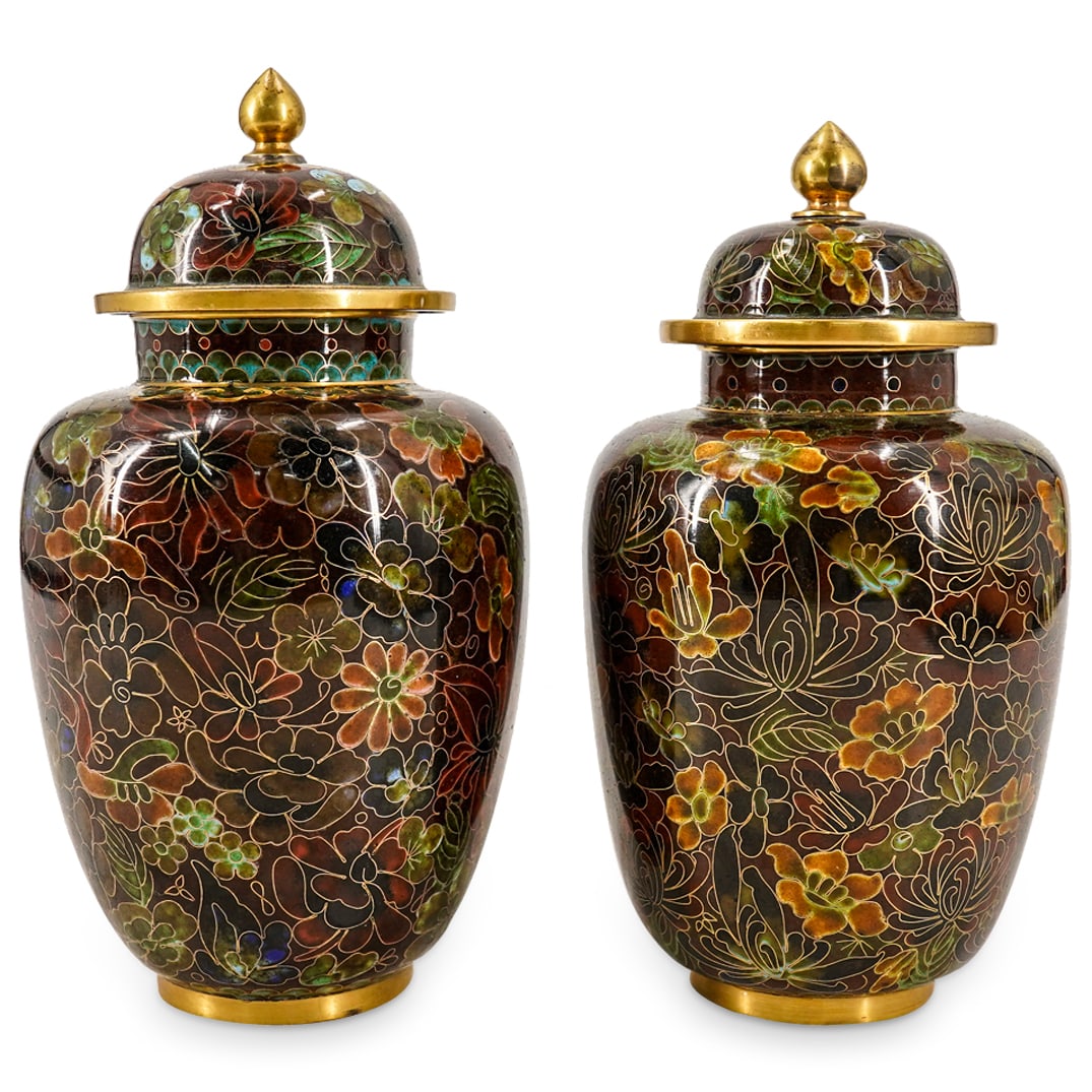 (2 Pc) Chinese Cloisonne Small Lidded Urn Vases (1 of 15)