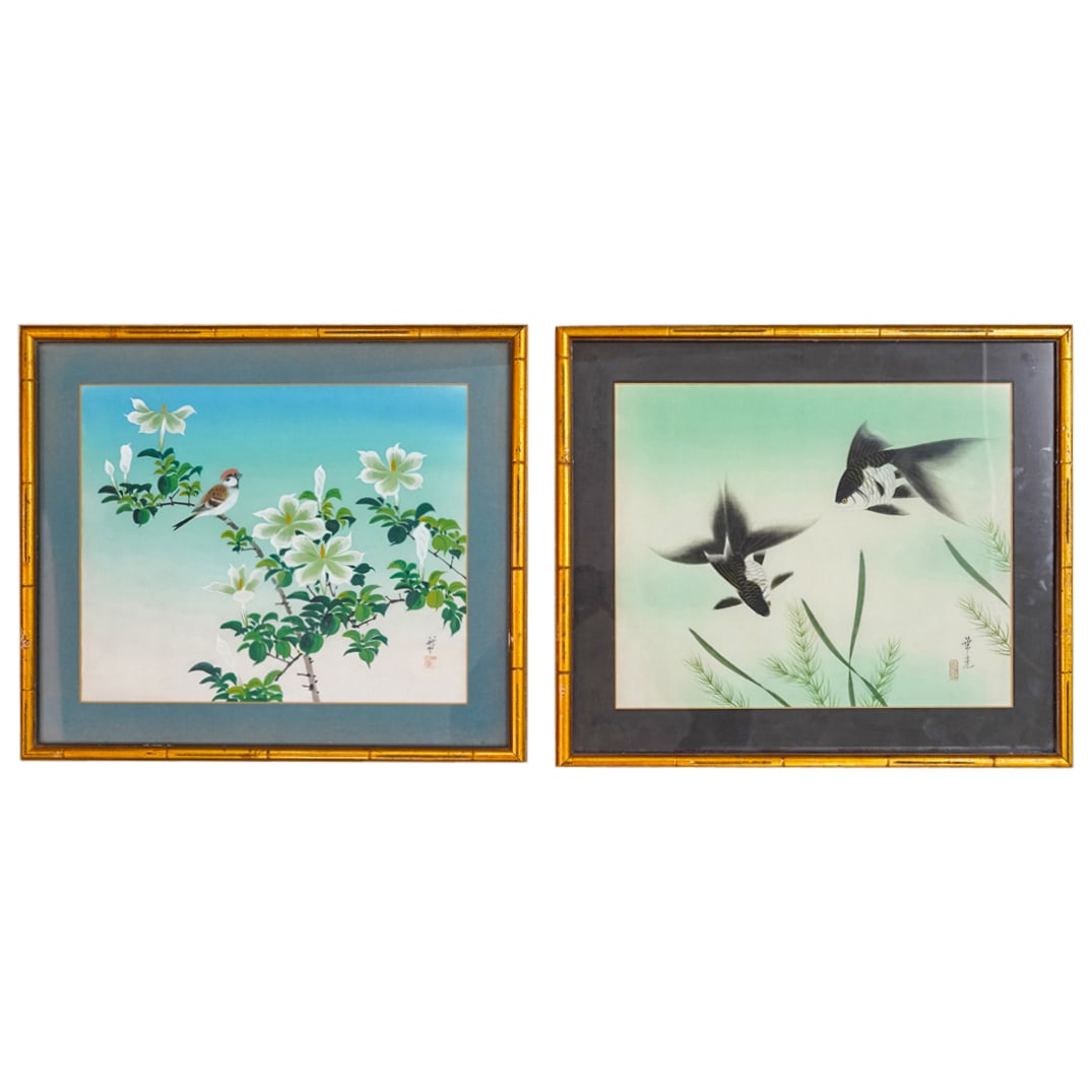 Pair Of Japanese Ink On Silk Nature Scenes (1 of 9)