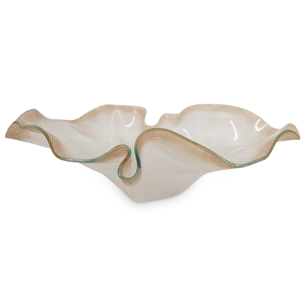 Murano Wavy Centerpiece Bowl: DESCRIPTION: Murano wavy centerpiece bowl with a fingerprint pattern all around in clear and frosty glass with the edge in a light brown. Artist signed. CIRCA: Late 20th century ORIGIN: Italy DIMENSIO