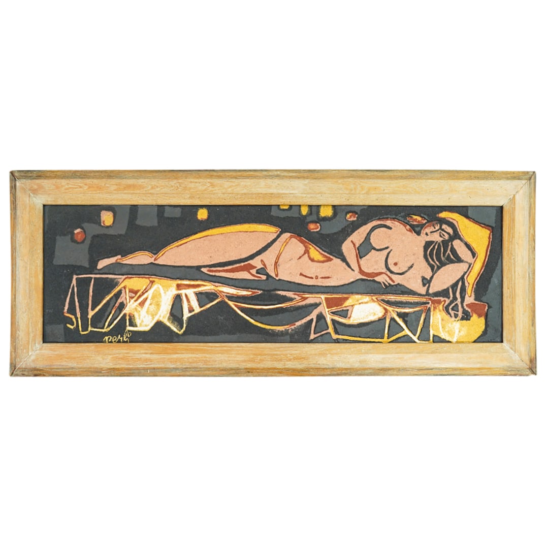 20th Century School Modernist Reclining Nude Fresco On Panel: DESCRIPTION: Fresco on panel painting depicting a reclining nude on a skirted bed against a black background. Signed "Perli" at lower left. Mounted in a wooden frame. Provenance: Oyster Bay, NY Estate
