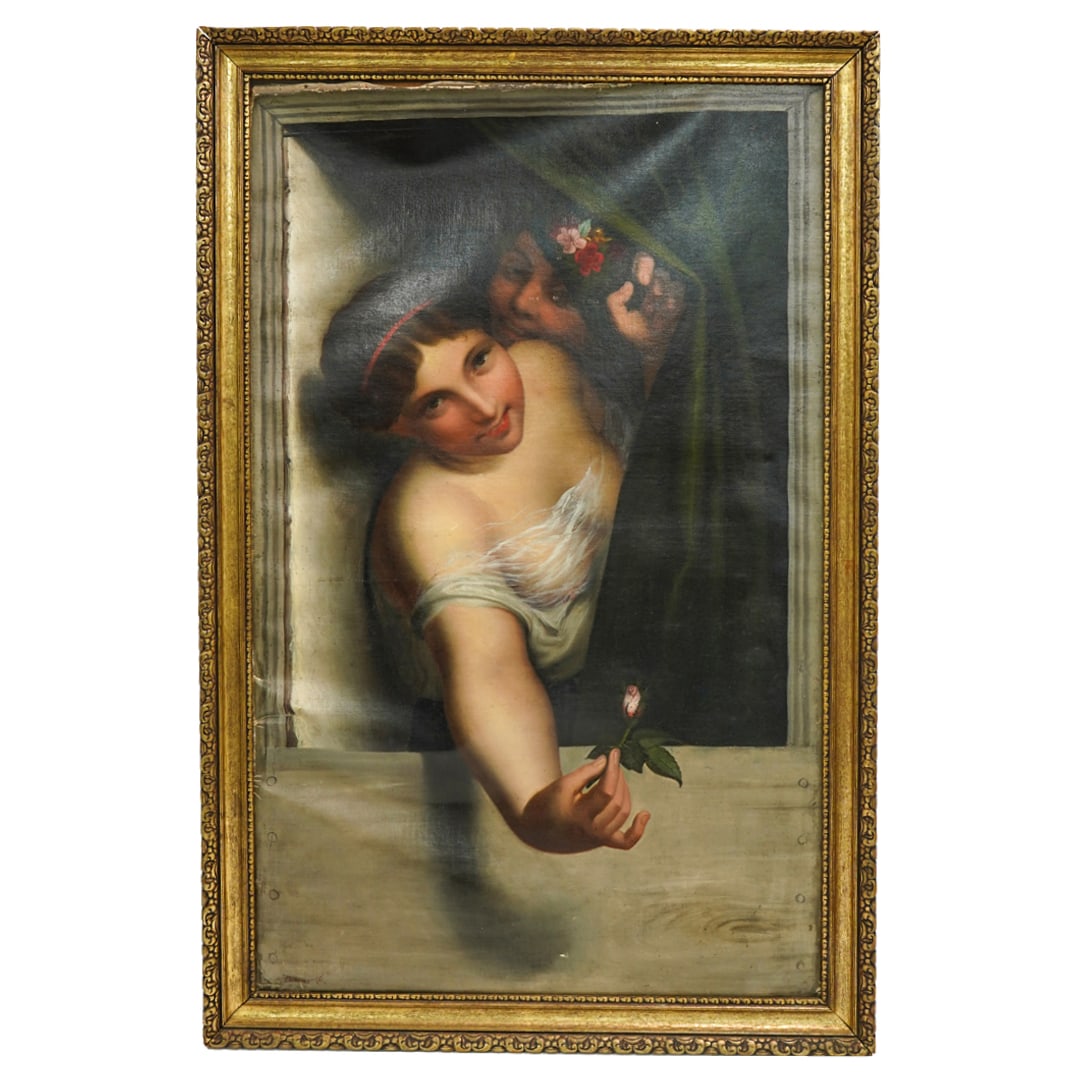 After Antoine Joseph Wiertz "Rosebud" Oil On Canvas: DESCRIPTION: Oil on canvas painting after Antoine Joseph Wiertz' "Rosebud" depicting a maiden - a metaphorical rosebud - offering the viewer a literal rosebud through a window while her companion look