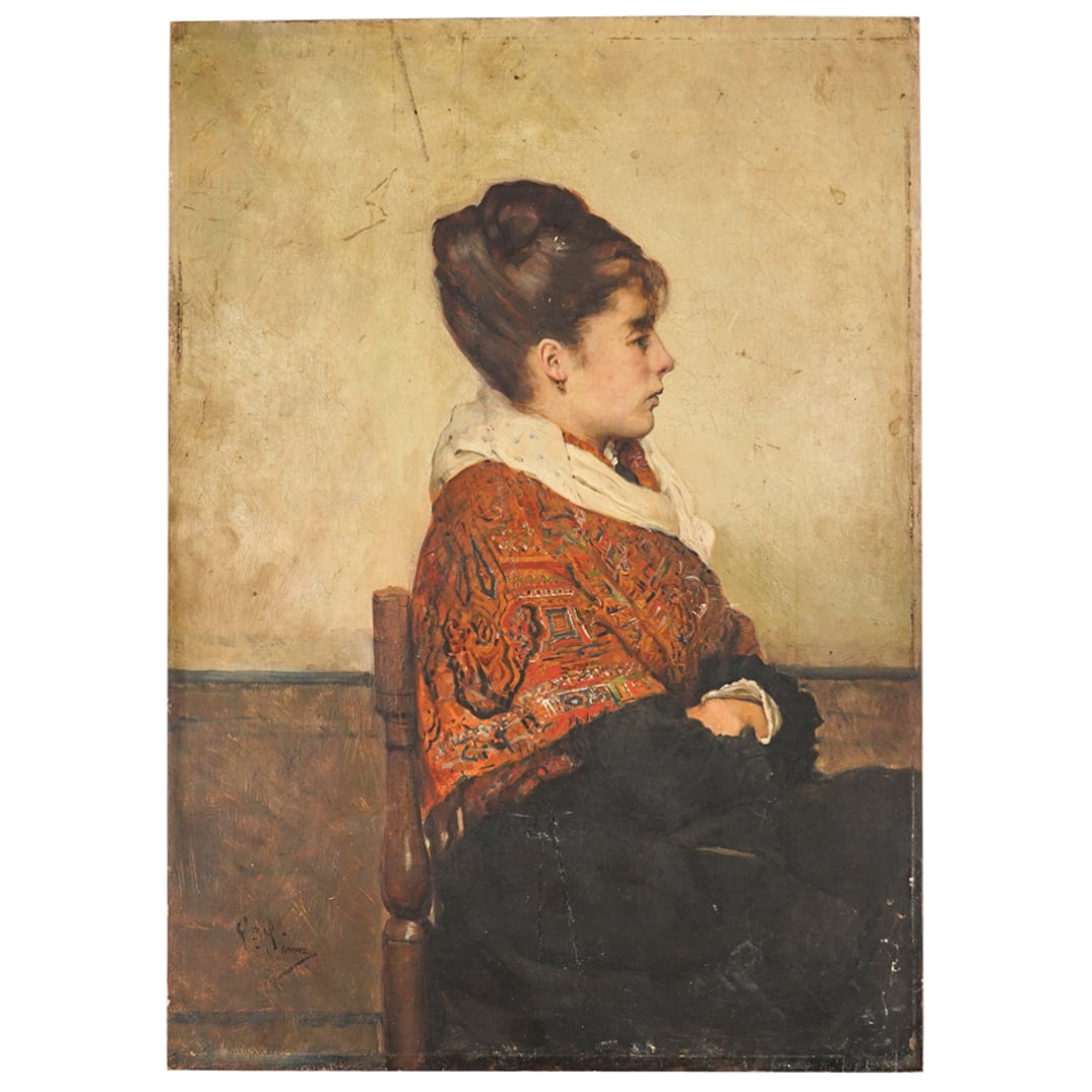 19th C. Oil on Panel Seated Women (1 of 9)