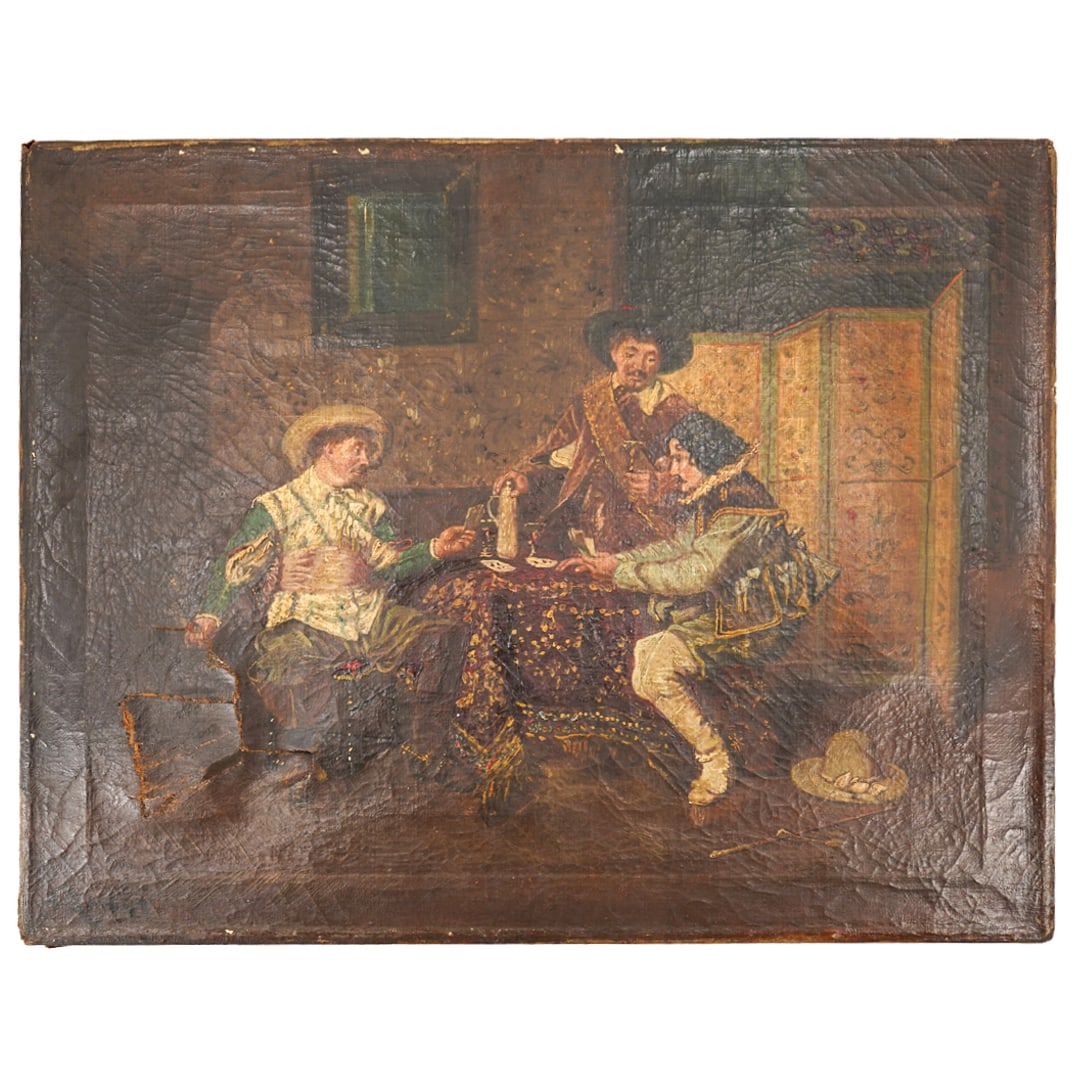 19th C. Gambling Cavaliers Oil on Canvas Painting (1 of 8)