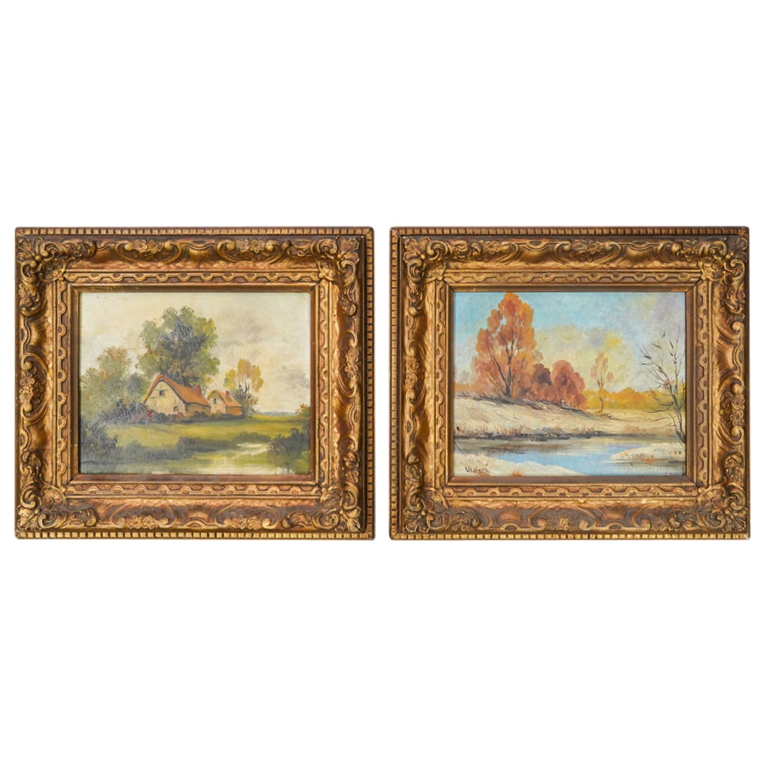 Pair Of Oil On Masonite Landscape Paintings: DESCRIPTION: Pair of oil on masonite landscape paintings, one with trees and two houses, the other with trees and a river. Each signed "Welsch" at lower left (signature on painting with two houses not