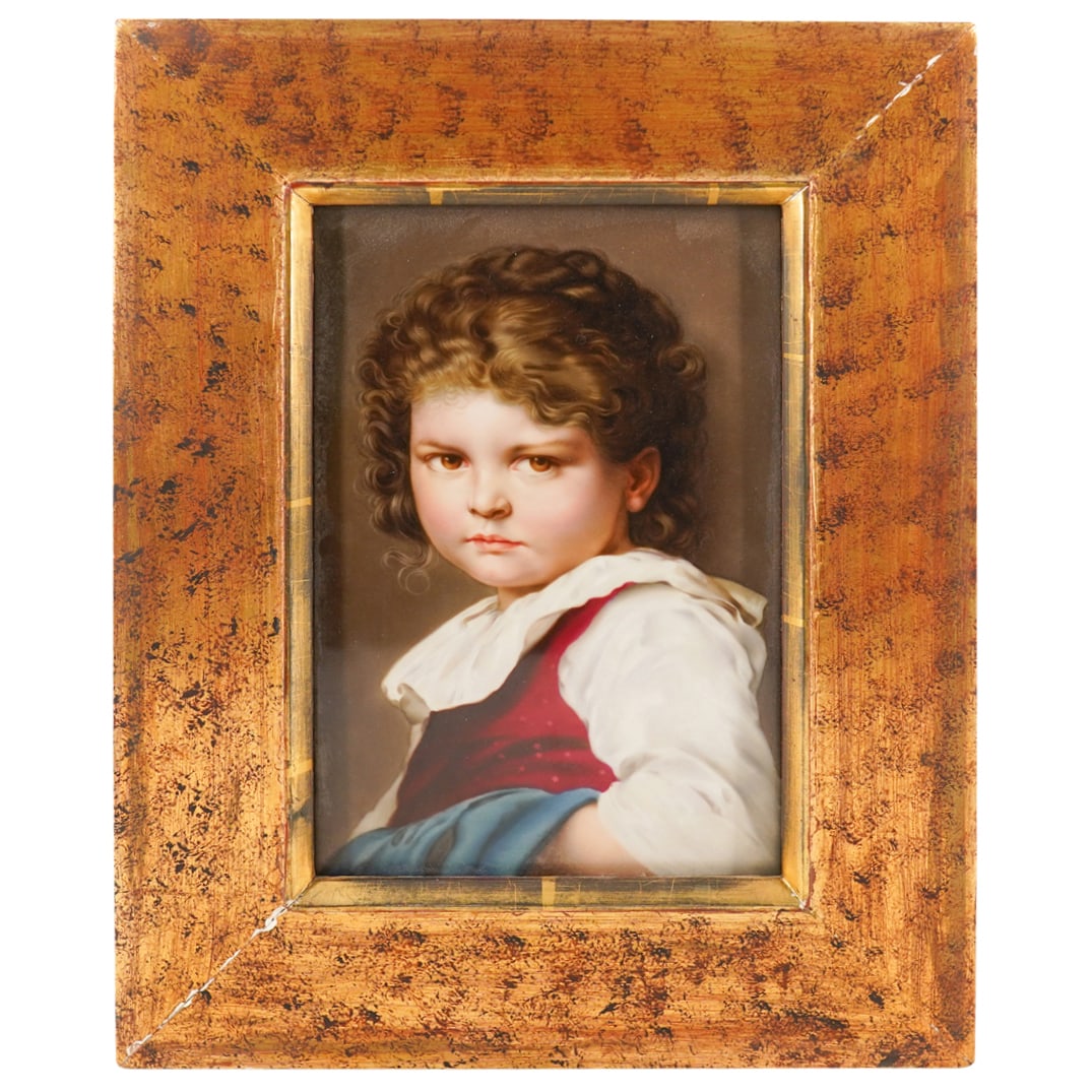 Berlin Hand Painted Porcelain Plaque: DESCRIPTION: Berlin hand painted porcelain plaque of a beautiful young girl wearing a bright red and teal colored dress mounted in a gold gilt wood frame. CIRCA: LAte 20th century ORIGIN: Germany DIME
