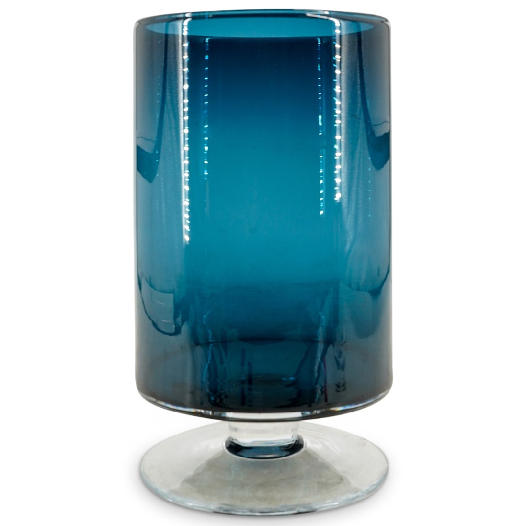 Large Blue Glass Pedestal Hurricane Candle Holder. (1 of 4)