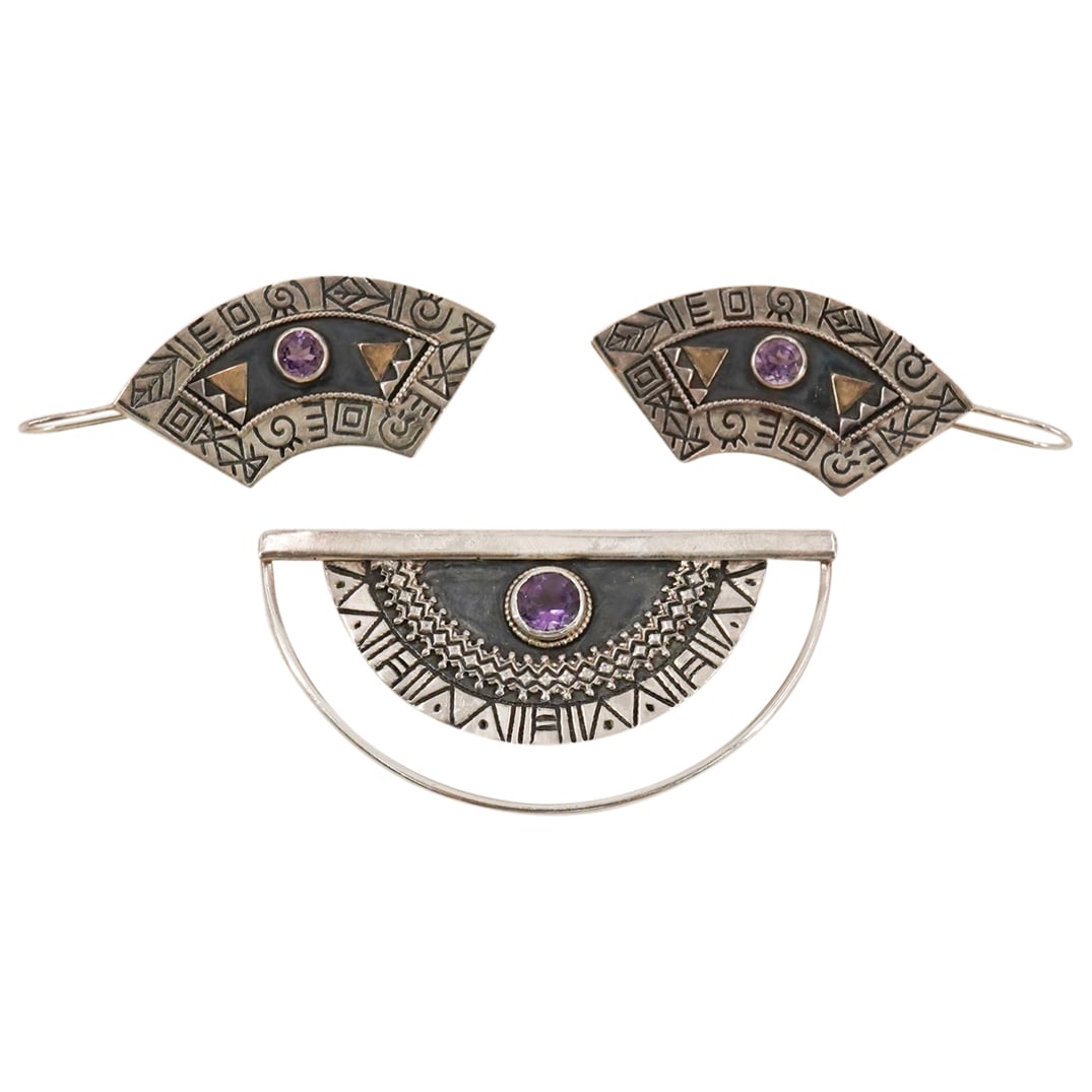 (3 Pc) Sterling Silver W/ Amethyst Demi Parure Brooch & Earrings Set (1 of 6)