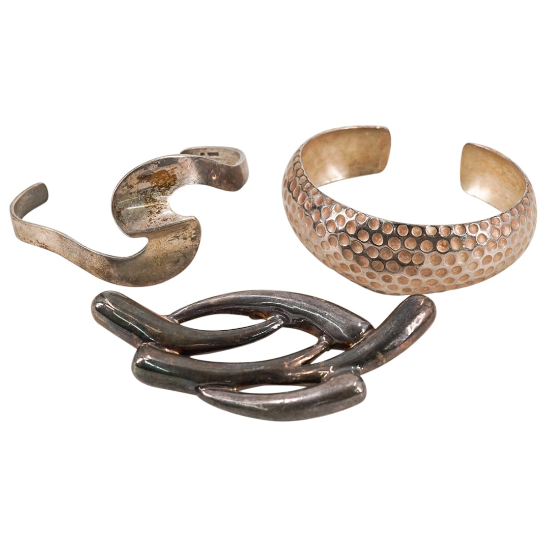 (3 Pc) Sterling Silver Cuffs / Brooch Assorted Grouping (1 of 9)