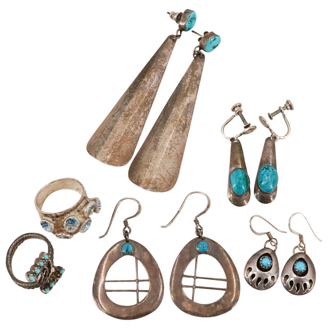 (6 Pc) Sterling Silver & Turquoise Earrings / Rings Jewelry Assorted Grouping Set (1 of 15)