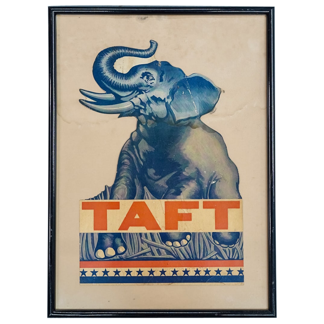 William Howard Taft Campaign Sign: DESCRIPTION: Antique sign or other piece of political memorabilia for one of William Howard Taft's campaigns, featuring an elephant. CIRCA: Early 20th century ORIGIN: American DIMENSIONS: (Item) H: 20