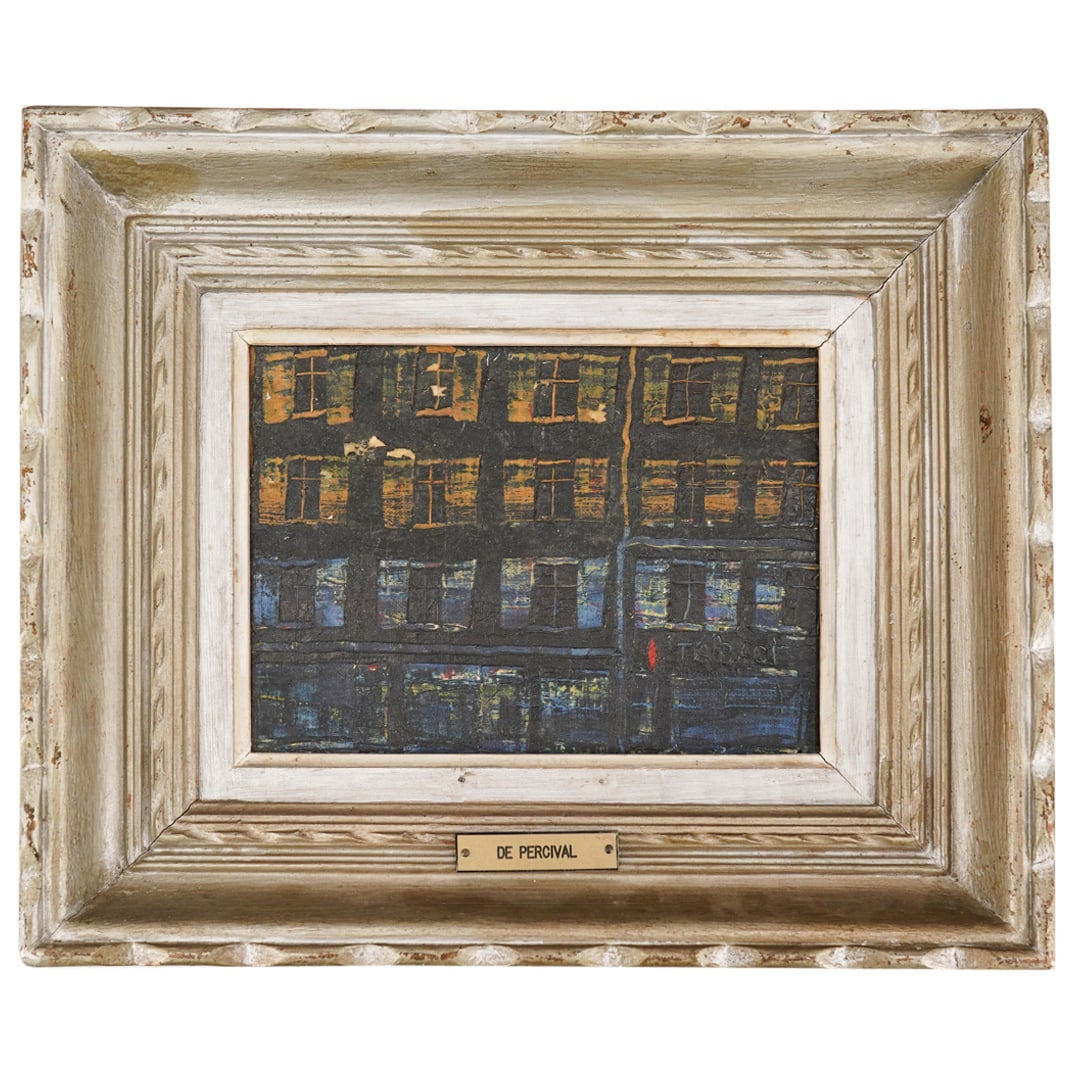 Mid Century Tabac "De Percival" Painting: DESCRIPTION: Mid Century Tabac "De Percival" oil on canvas painting, signed along the lower right "Tabac. Inscribed on the verso "Percy' and La Rue D'Alitalia 1964 Paris". CIRCA: 1964 ORIGIN: France D
