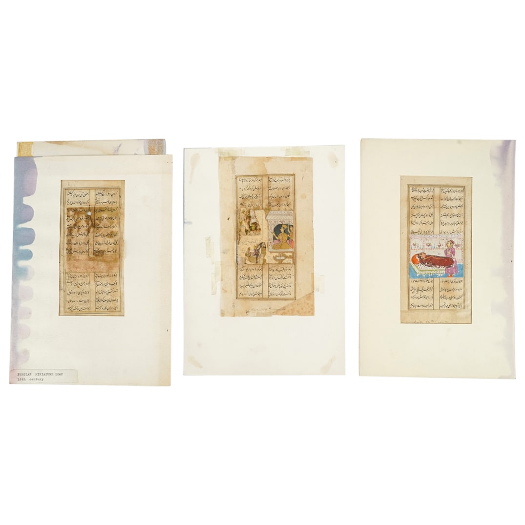Antique Persian Mughal Period Manuscripts: DESCRIPTION: Antique Persian Mughal Period Manuscripts, with hand colored illustrations, and recto and verso handwritten content. Attached to a cardboard. From the Mughal period. This set includes a t
