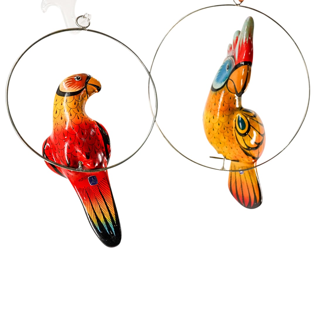 (2 Pc) Hand Painted Mexican Talavera Glazed Pottery Hanging Parrot Sculptures (1 of 20)