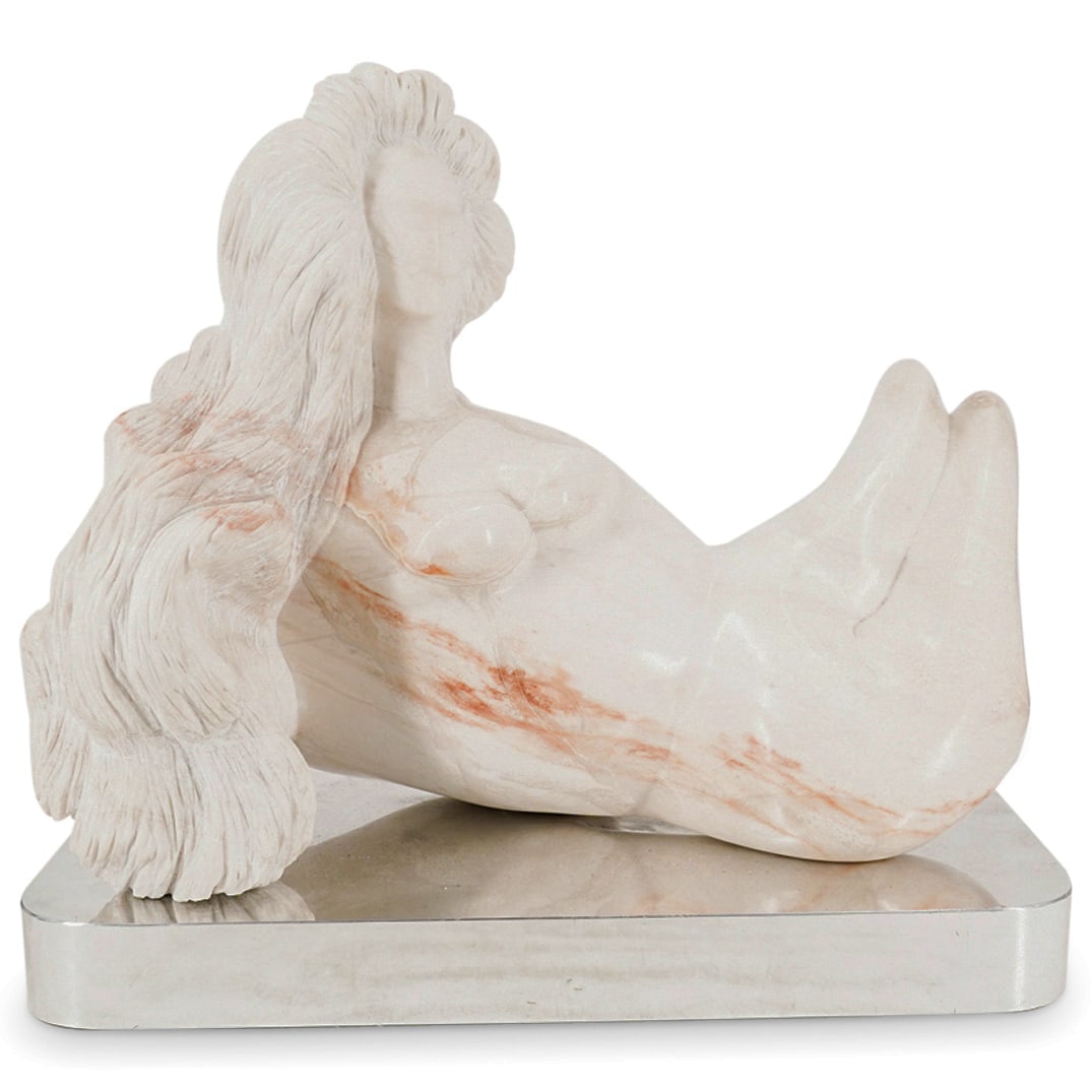 Vintage Carved Marble Abstract Female Nude Sculpture: DESCRIPTION: Vintage marble sculpture depicting a reclining woman with a polished, stylized, curved body with copious, textured tresses. Mounted on a silvered base. CIRCA: 20th Century ORIGIN: Europea