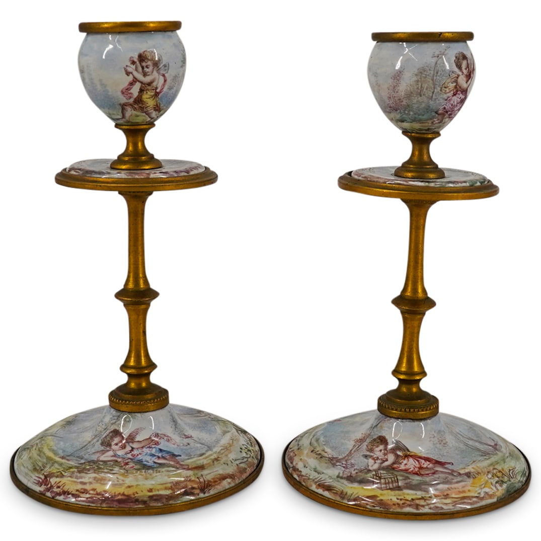Pair of Viennese Ormolu and Enamel Painted Candlesticks (1 of 17)
