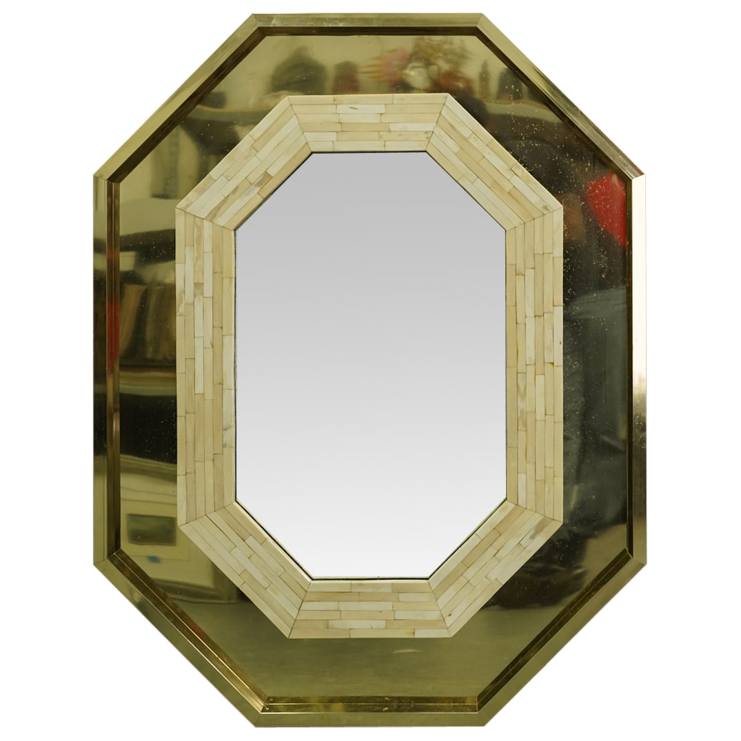 Mid Century Modern Autumn Guild Brass & Tessellated Bone Mirror: DESCRIPTION: Mid-century modern mirror by Autumn Guild wall mirror composed of gilt metal and sporting tessellated carved bone accenting around the mirror proper. CIRCA: 20th Century ORIGIN: Continent