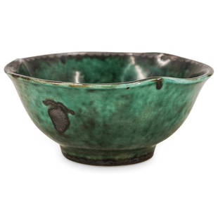 Wilhelm Kage (Swedish, 1889) Argenta Stoneware Pottery Bowl: DESCRIPTION: Green hued glazed stoneware pottery bowl with typical "Argenta" silver decor, depicting a figure holding a garland of fruits. By Swedish sculptor Wilhelm Kage, from Gustavsberg, Sweden. 