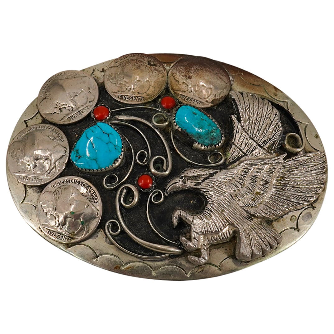 Navajo Style Silver Plated, Turquoise and Coral Belt Buckle (1 of 4)