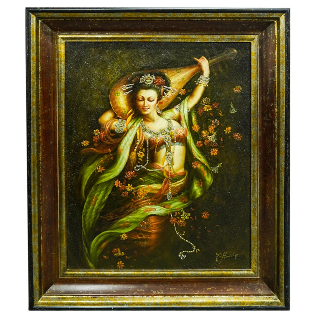 After Zheng Hao Woman With Lute Oil On Canvas: DESCRIPTION: Oil on canvas painting after Zheng Hao depicting a woman wearing copious ornate jewelry and playing a stringed instrument behind her head. Signed at lower right. Mounted in a silvered, bl