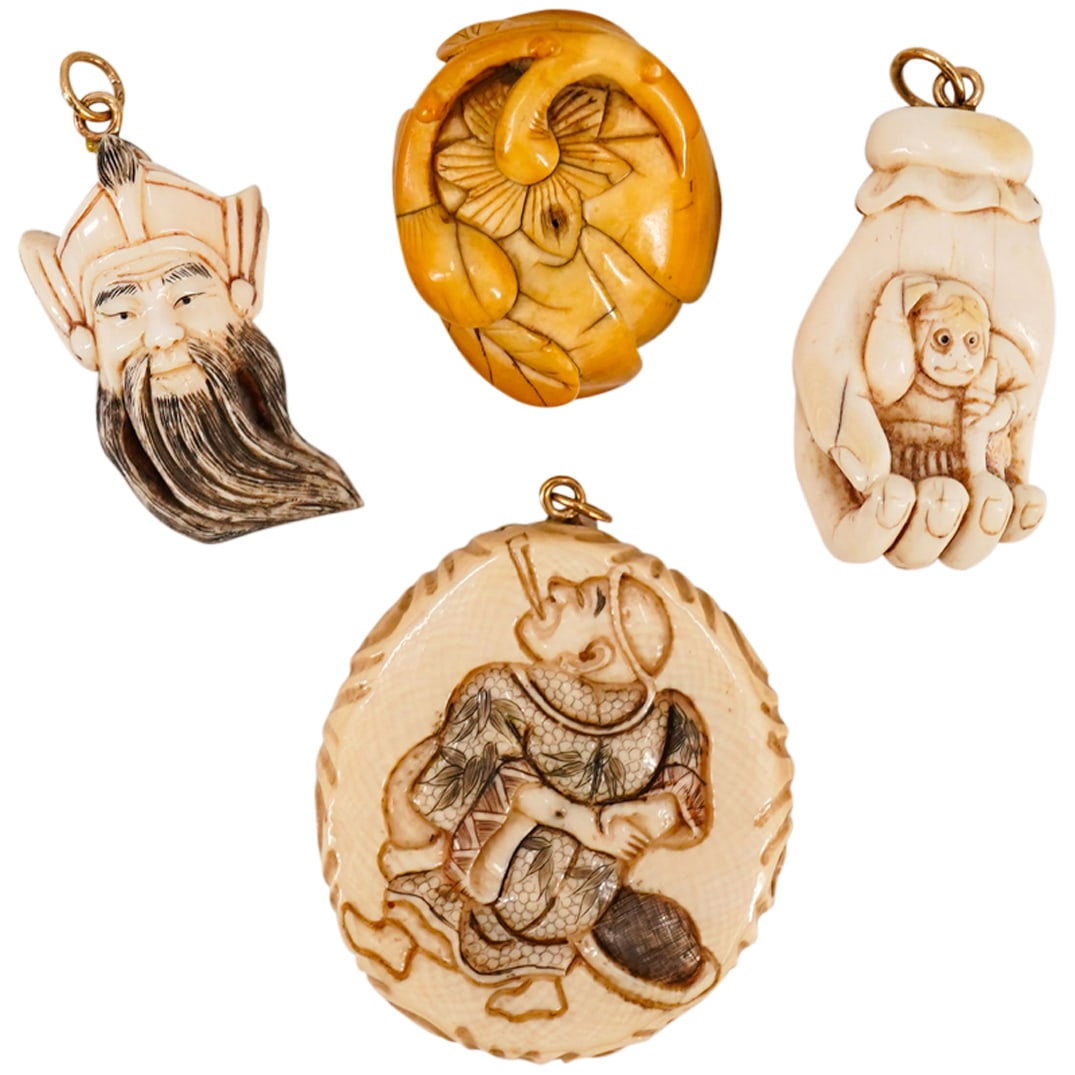 (4 Pc) Japanese Carved Bone Okimono & Pendant Grouping: DESCRIPTION: (4 Pc) Japanese Carved Bone Okimono & Pendants Grouping. Includes: (1) okimono bone carving with floral motifs, one (1) signed kimono bone carving pendant with beard man head motif, one (