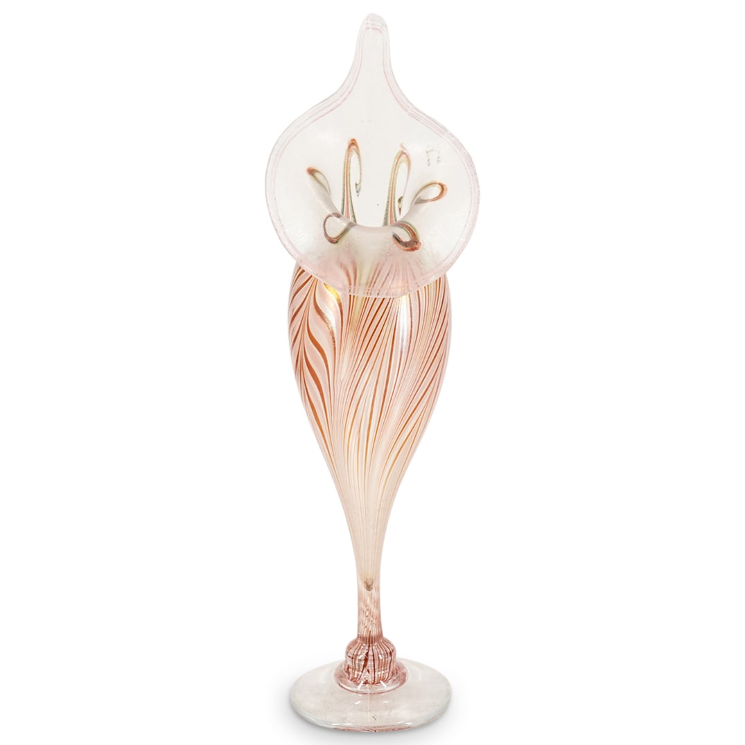 Vandermark Jack In The Pulpit Glass Vase: DESCRIPTION: Vandermark jack-in-the-pulpit glass vase featuring pulled feather motif. Marked with "Vandermark 4349 1981" on underside. CIRCA: 1981 ORIGIN: American DIMENSIONS: H: 15.5" W: 4" L: 4.5" C