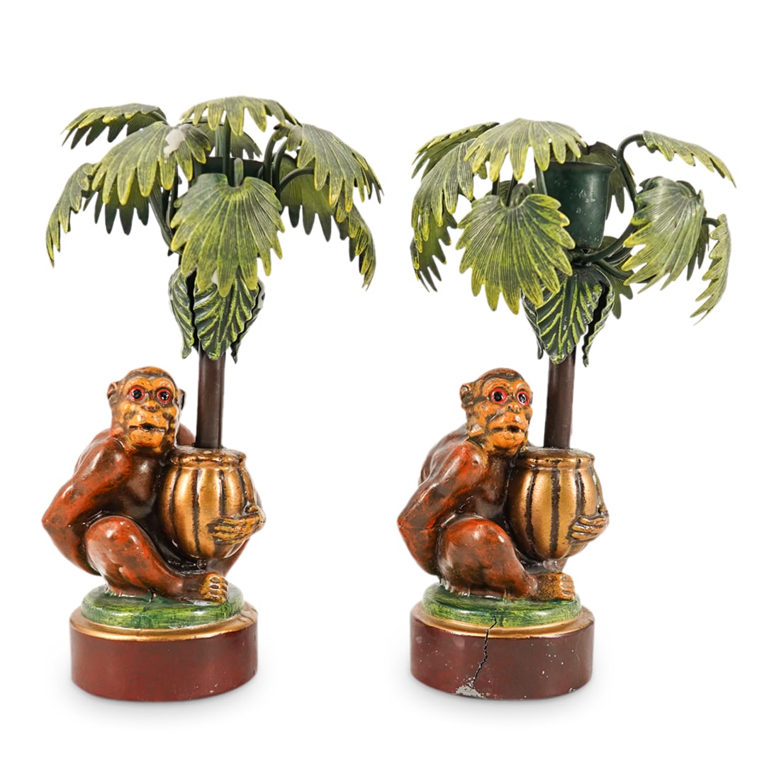 Pair Of Tropical Tole Monkey & Palm Tree Candle Holders (1 of 11)
