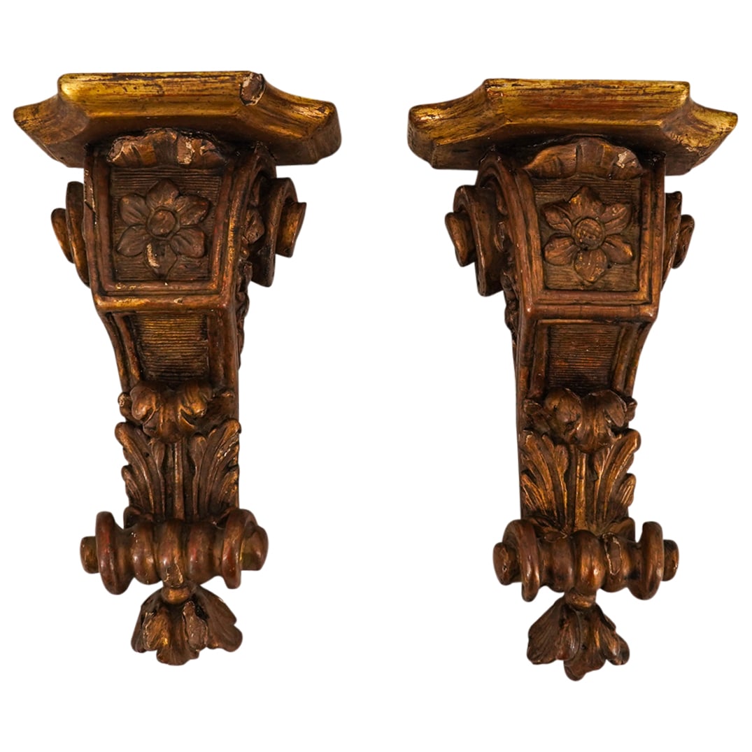 Pair Antique European Wooden Ornate Wall Brackets (1 of 18)
