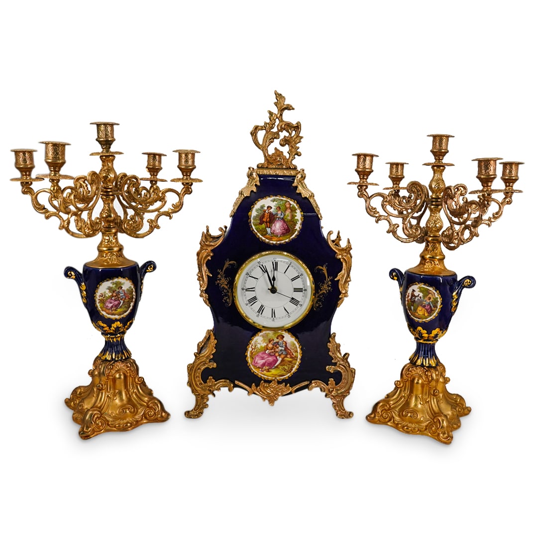 (3 Pc) Italian Porcelain And Gilt Metal Clock Set (1 of 20)