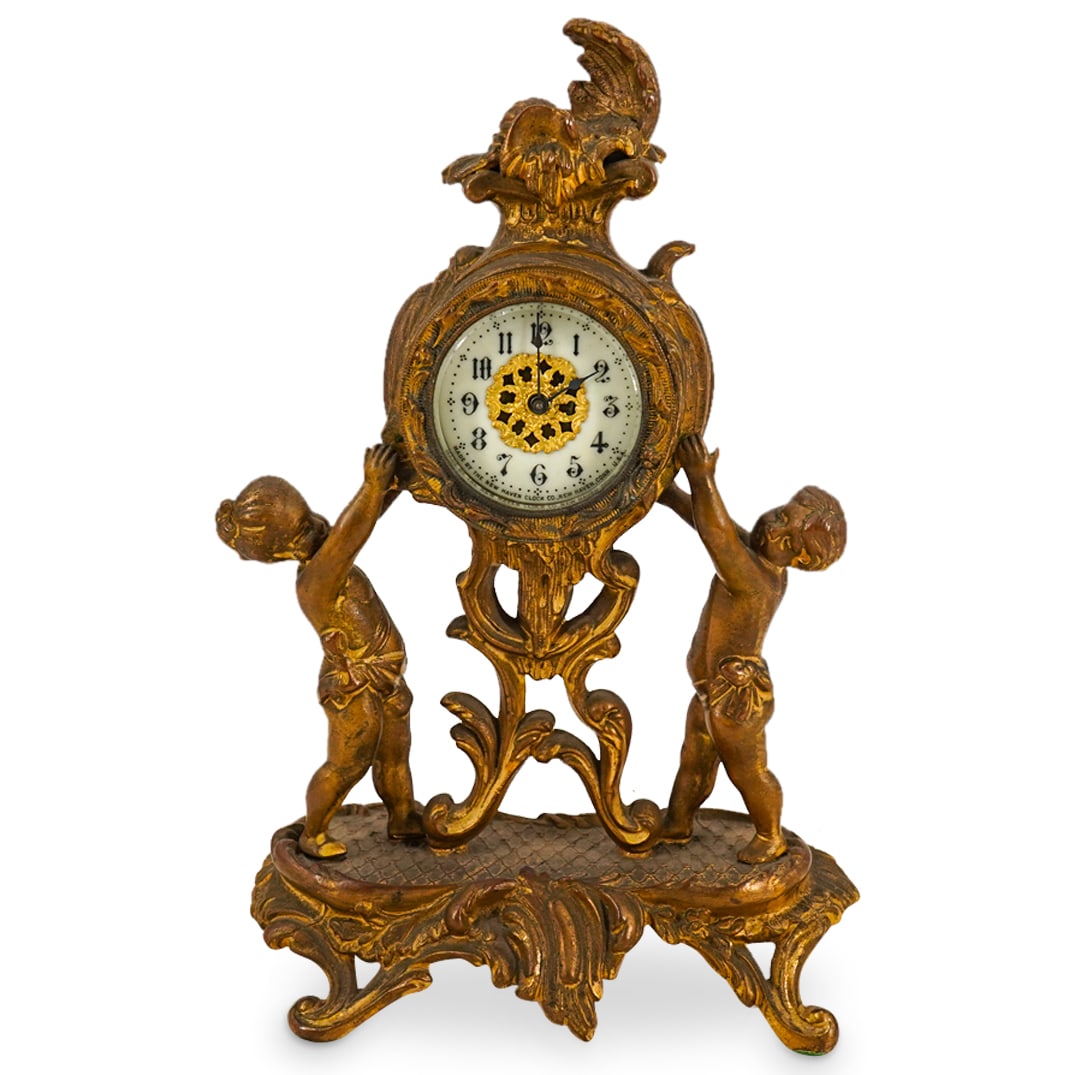 Antique New Haven Gilt White Metal Clock (1 of 7)