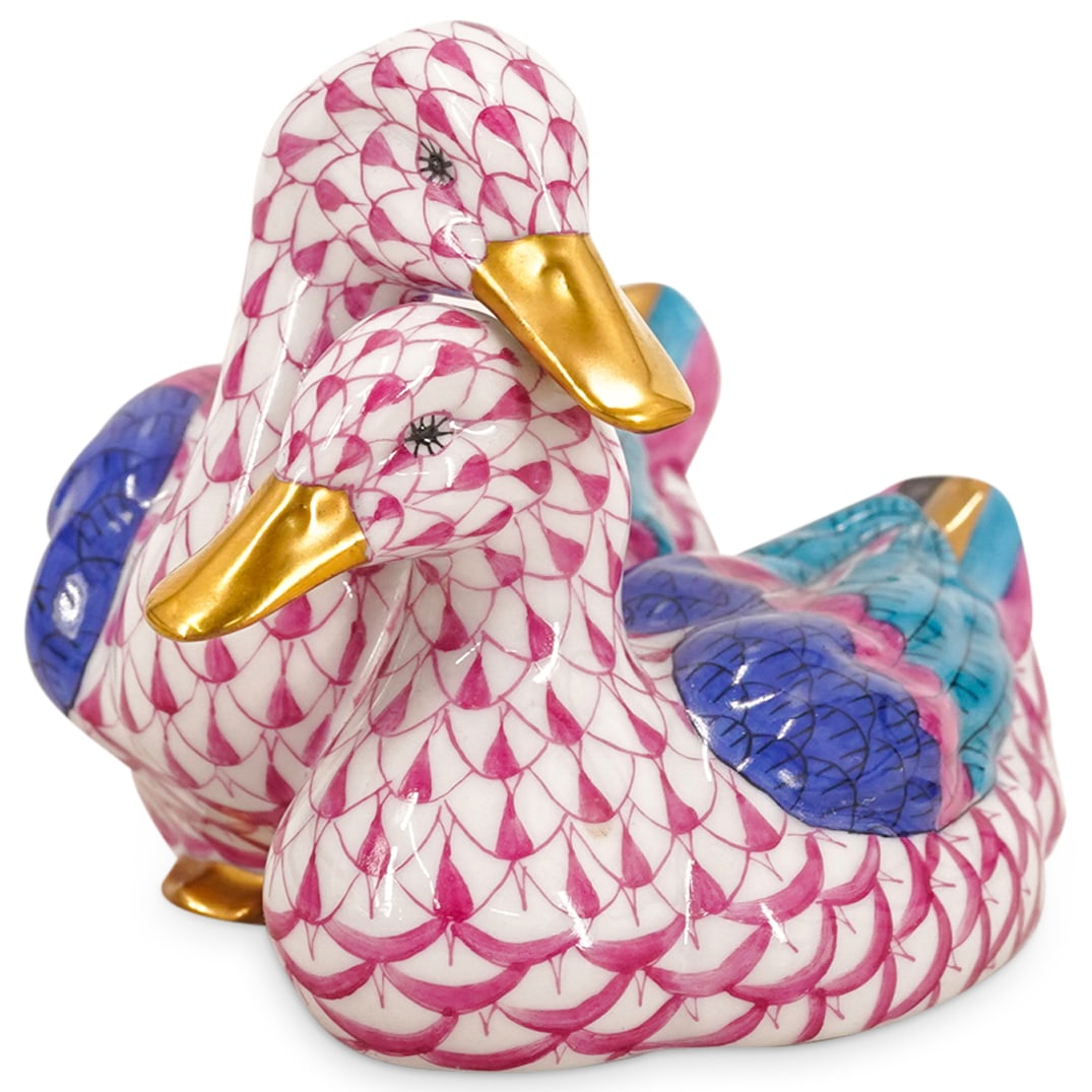 Herend Porcelain "Pair Of Ducks" Raspberry Fishnet Figurine (1 of 5)
