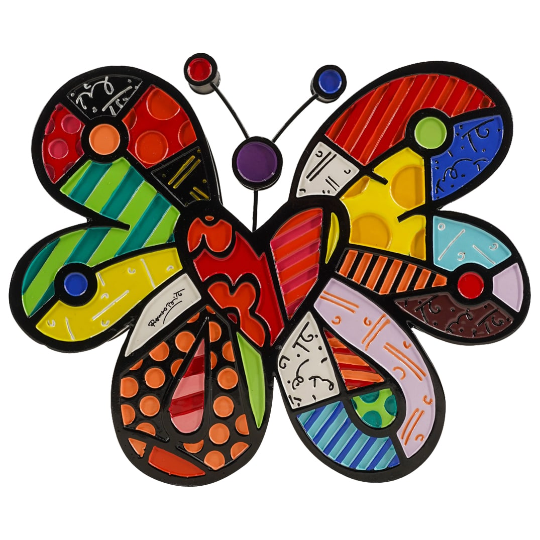 Romero Britto 2009 "Butterfly" Mixed Media Sculpture: DESCRIPTION: Romero Britto 2009 "Butterfly" mixed media 6" sculpture. With Britto stamp on the underside. CIRCA: 2009 ORIGIN: USA DIMENSIONS: H: 6 1/2" W: 8 1/8" CONDITION: Good Condition Unless other