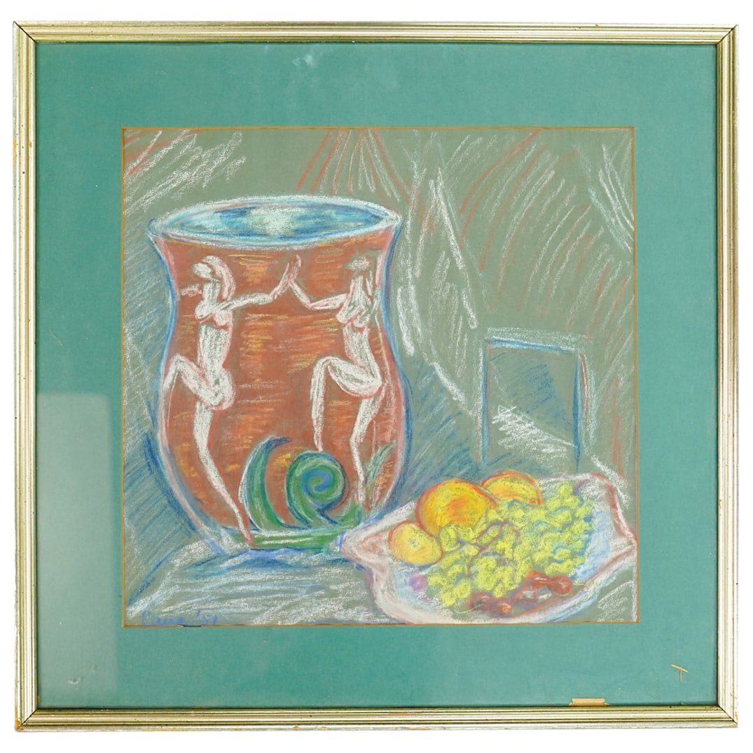 Signed Still Life Pastel On Paper: DESCRIPTION: Pastel on paper still life depicting a bowl of fruit adjacent to a clear glass and a vase decorated with nudes and foliage. Signed illegibly at lower left and dated "'51" thereon. mounted