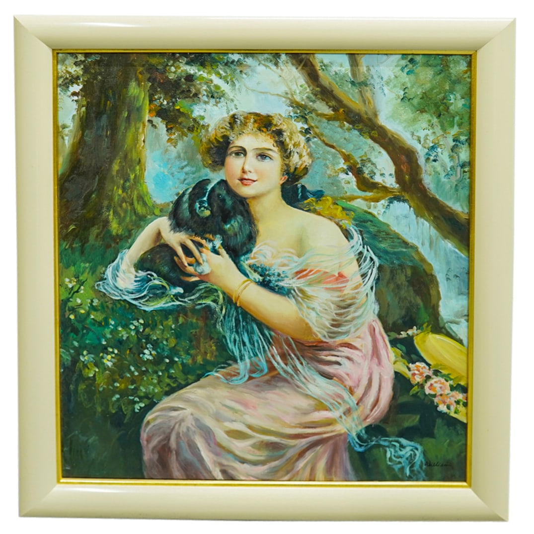 Women with Dog Oil on Canvas Painting: DESCRIPTION: Women with dog oil on canvas painting, signed 'William' mounted in frame. CIRCA: 20th Cent. ORIGIN: European DIMENSIONS: (Image) H: 24" x L: 20" (Frame) H: 28" x L: 24" CONDITION: Great o