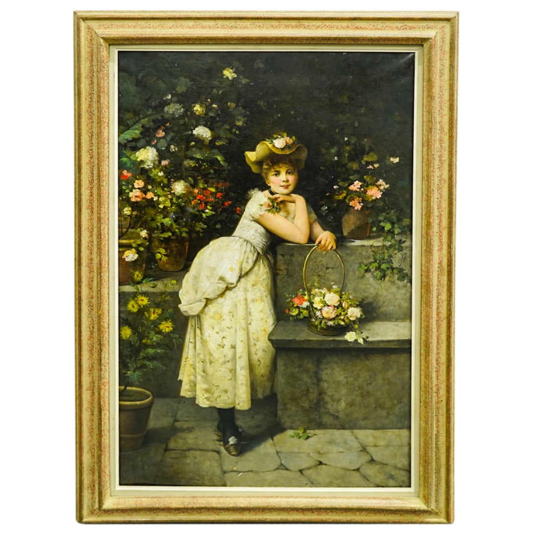 Antique Girl With Flower Basket Oil On Canvas: DESCRIPTION: Oil on canvas painting depicting a girl posing at a garden wall with a flower basket. Mounted in a gilt accented frame. CIRCA: 19th Century ORIGIN: European DIMENSIONS: With frame - H: 43