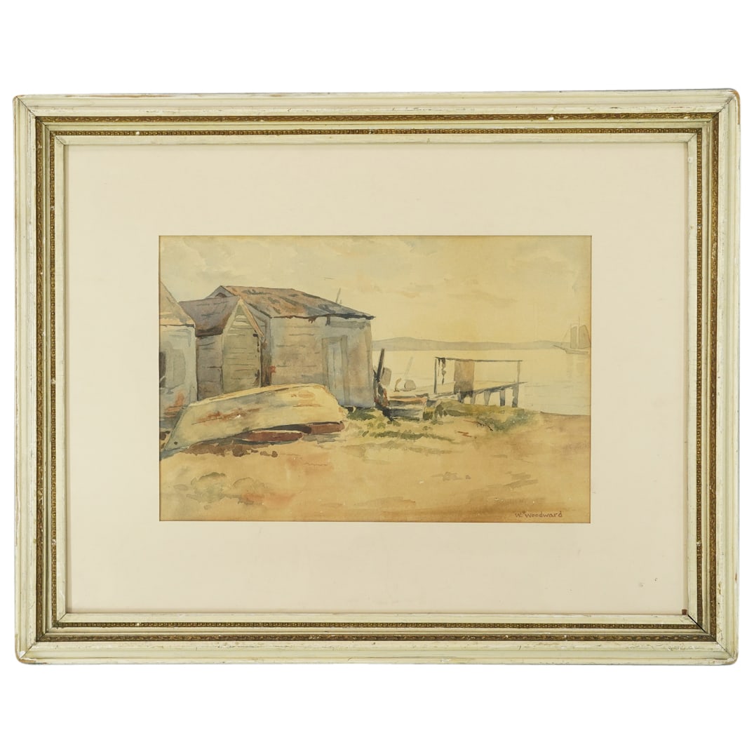 Attrib. William Woodward, (American:1859-1939) Watercolor: DESCRIPTION: Attributed to William Woodward, (American:1859-1939). Watercolor on paper depicting a small fishing cabin with a fishing boat stored and a sailboat on the water in the background. Matted 