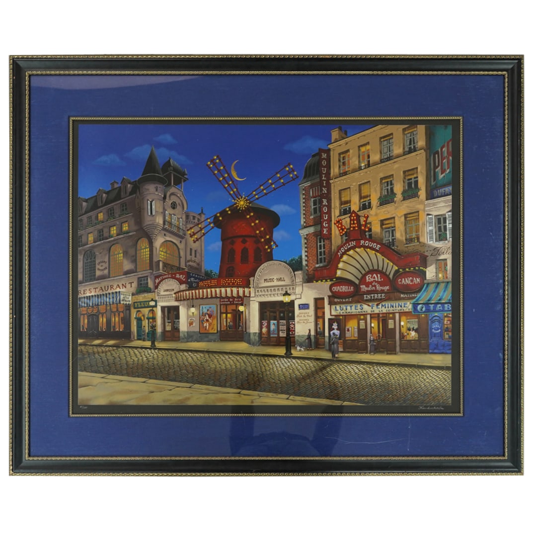 Liudmila Kondakova. (Russian,American b. 1956) Serigraph: DESCRIPTION: Liudmila Kondakova. (Russian, American b. 1956) Serigraph on paper of Moulin Rouge and a street scene. Artist hand signed bottom-right and numbered 61/100. CIRCA: Mid to late 20th century