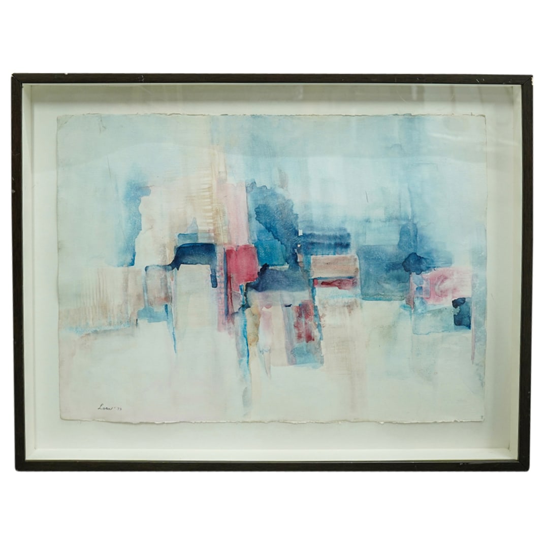Michael Loew. (American, 1907-1985) Watercolor Painting: DESCRIPTION: Michael Loew. (American, 1907-1985) Abstract watercolor on archival paper in a window box and black painted frame. Signed "Loew" and dated "73" on bottom left-hand corner. CIRCA: Mid to l