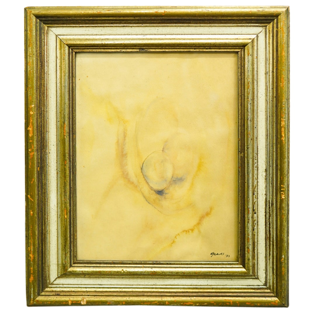 Attrib. Morris Graves (American, 1910-2001) Painting: DESCRIPTION: Attributed to Morris Graves (American, 1910-2001). Abstract expressionist painting in tempera and ink on archival paper in a painted silver and gold wood frame under glass. Signed "Grave