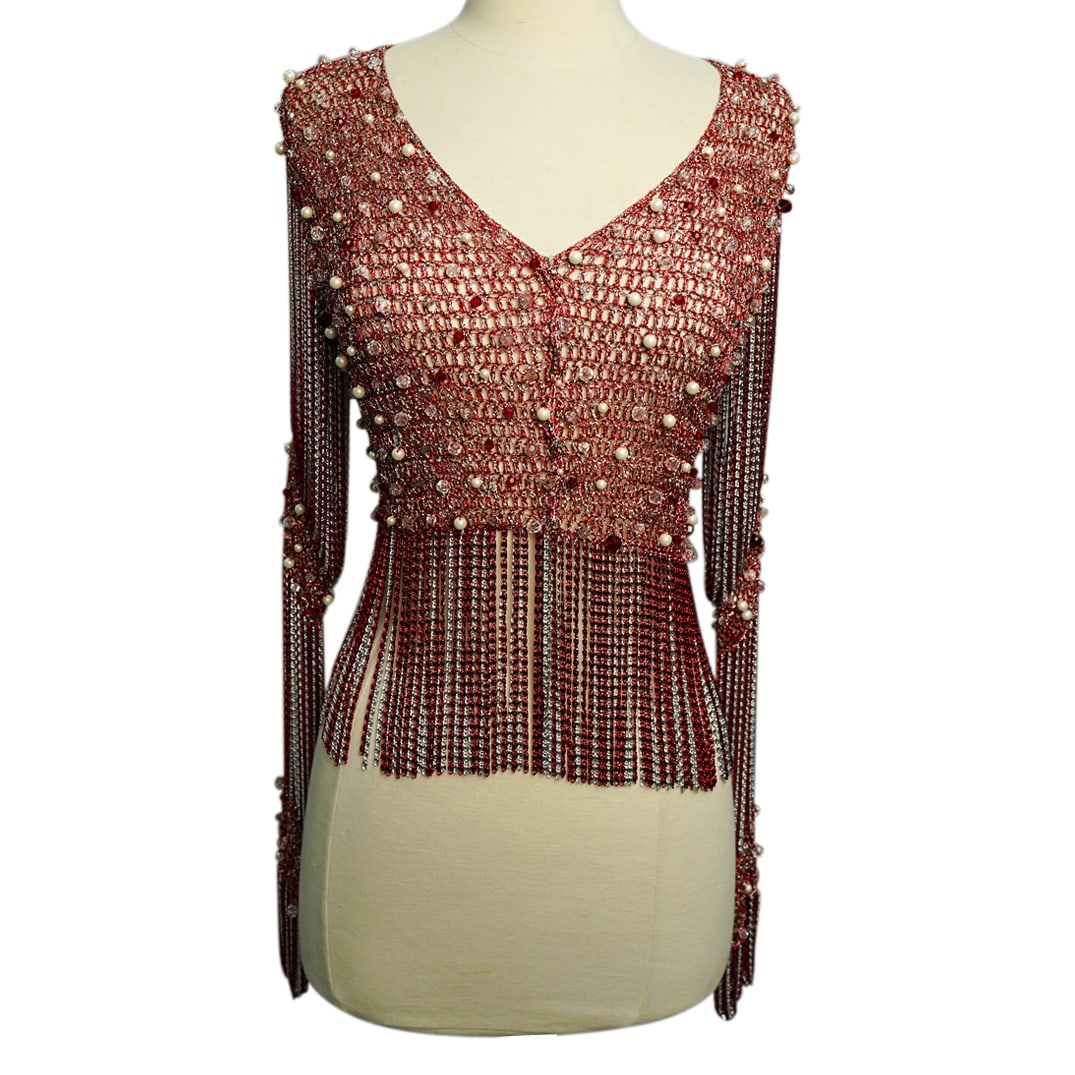 Vintage Faux-Pearls Metallic Beaded Macrame Knitted Jacket: DESCRIPTION: Vintage Faux Pearls Metallic Thread Beaded Macrame Knitted Jacket. Designed with a combination of crimson and silver thread, with sewn-in beaded faux pearls embellishments and with duo to