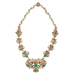 Antique European 18k Gold Emerald & Diamond Necklace