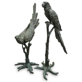 Pair Large Parrot Bronze Garden Statues