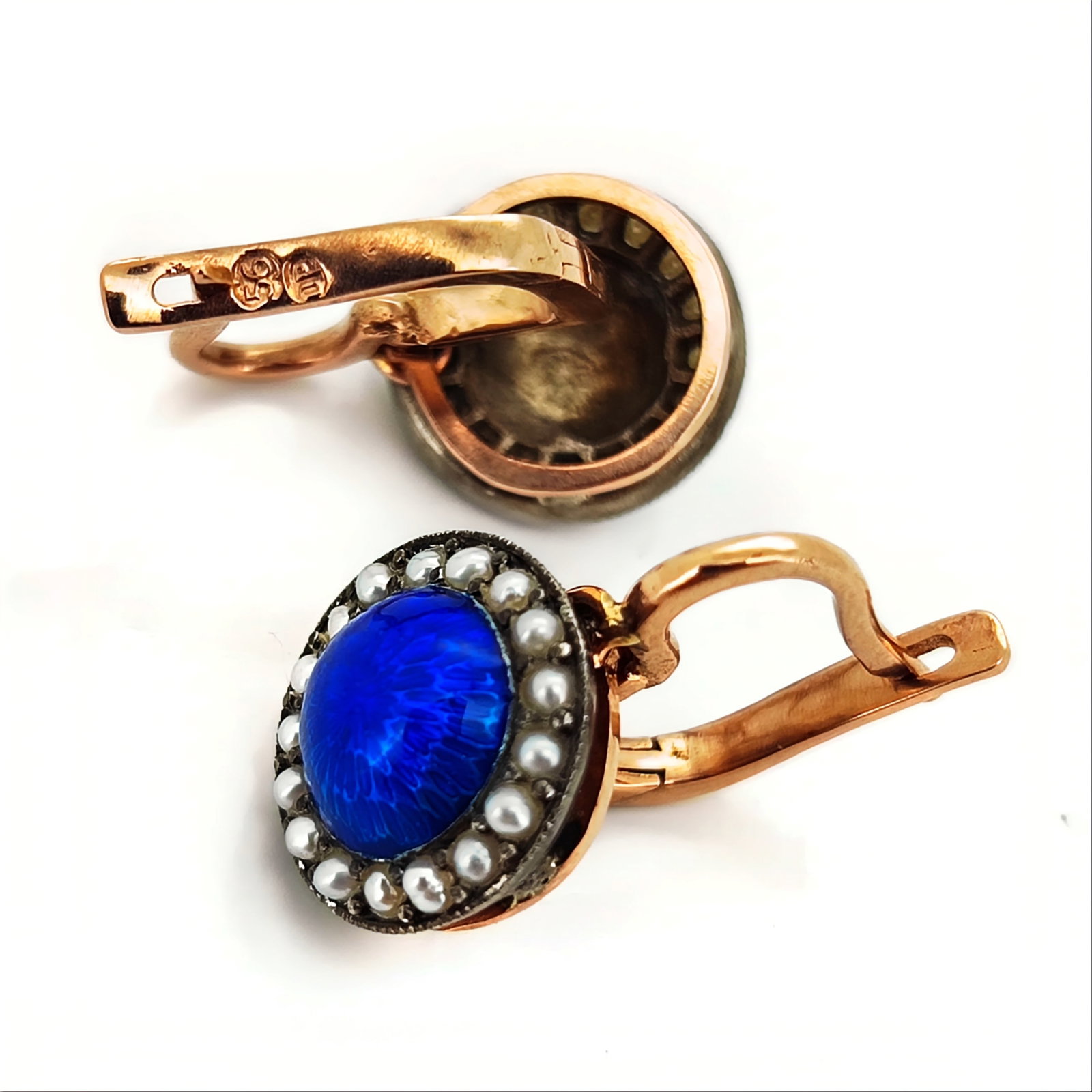 Russian Empire Style 88 Gilt Silver & Guilloche Cufflinks: DESCRIPTION: Pair of Russian cufflinks each with gilt 88 silver foundations, guilloche enameled designs and jewel inset crown decorations. Markings: Faberge in Cyrillic, (88) Purity, KF(HW) in Cyrilli