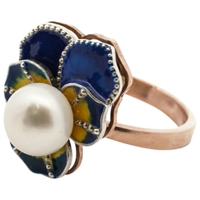 Vintage Russian 14k Rose Gold and Enameled Pearl Engagement Ring