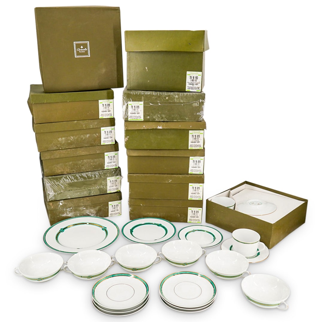 (71 Pc) Christofle Porcelain "Rubanea Vert" Dinnerware Set (1 of 20)