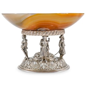 German Sterling 925 Silver and Agate Carved Oval Tazza