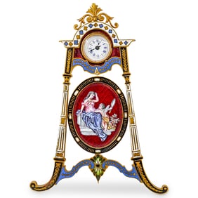 Champleve Guilloche Enameled Brass Miniature Easel Back Clock