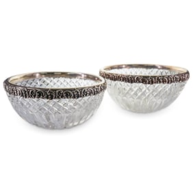 Pair Of 1898 Gorham Sterling Silver Lipped Crystal Salad Bowls