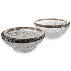 (2 Pc) Antique Cut Crystal And Gorham Sterling Silver Bowls
